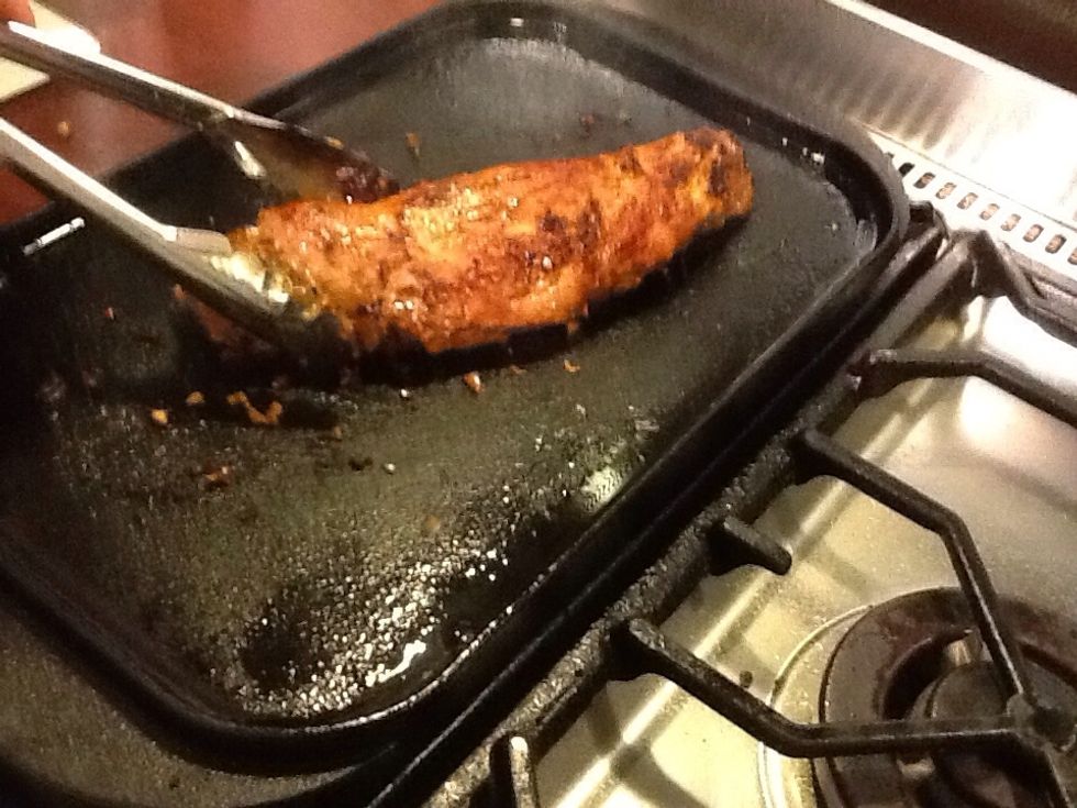 After marinating time is finished. Heat grill to medium heat, oil the grill, cook the pork until well cooked through. Remove Pork from the grill, transfer the pork to a plate, cover with foil to rest.