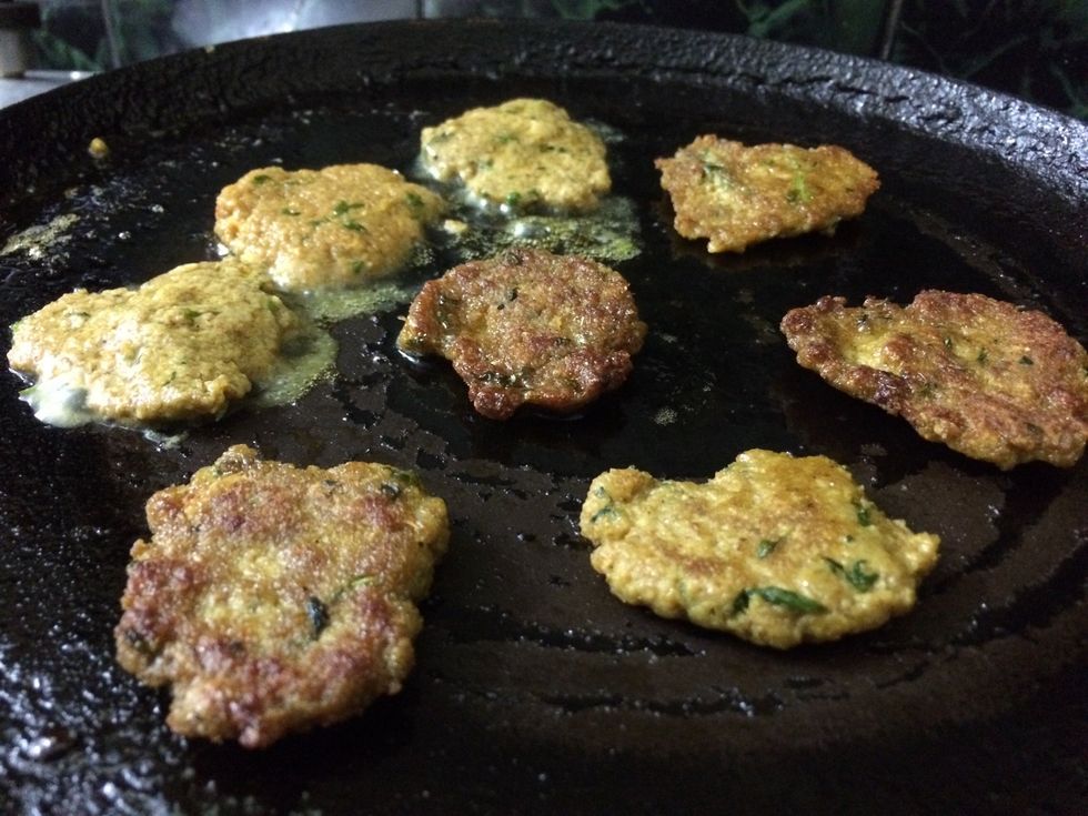 After marination take the mixed mixture and make tikkis... now take a pan heat the oil and shallow fry the tikkis