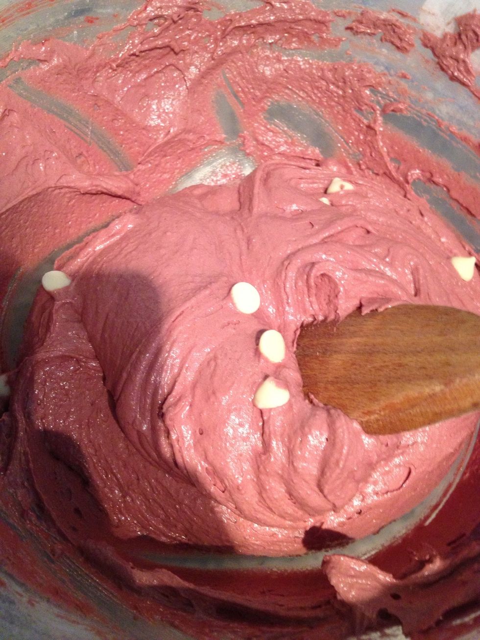 After mixing add the handful of chocolate chips and fold into mix with a wooden spoon. And scoop cookie onto tray with parchment paper on it and spread in a circular motion to shape the cookie