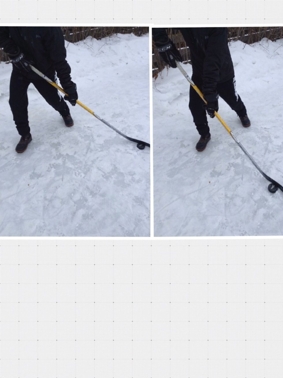 After, move your right knee (left handed shot) or left knee (right handed shot) forward as you move the puck towards the net in a fast, fluid motion.