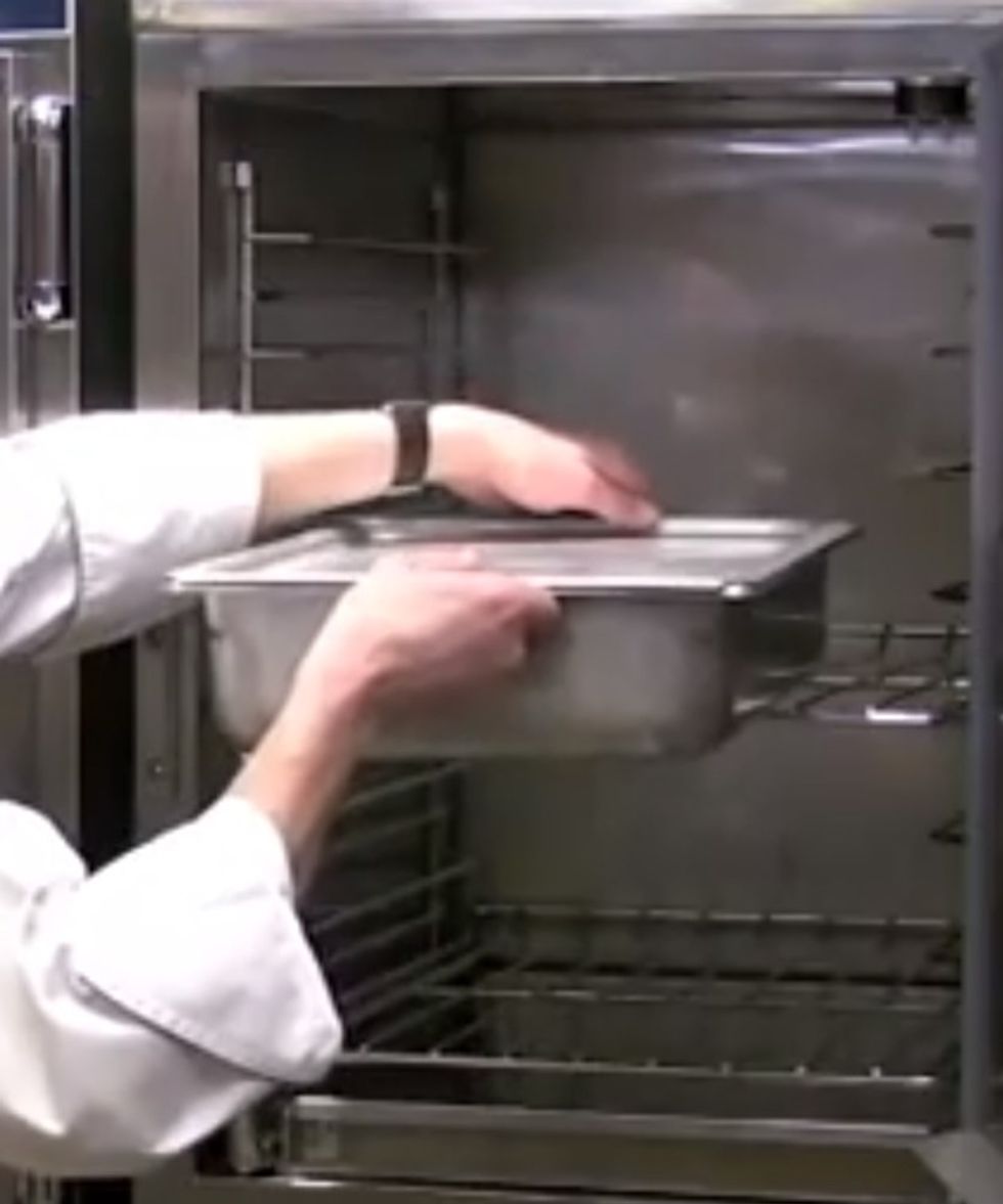 After one hour remove the pan from the cook and hold oven.