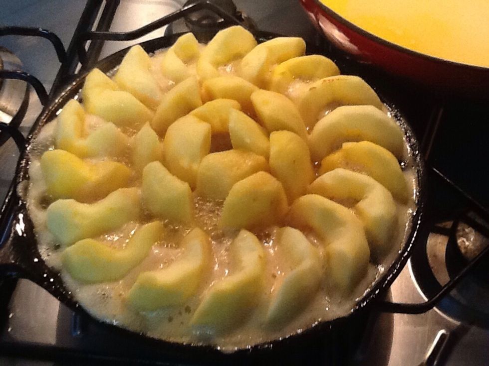 After packing in the apples put the pan back on the stove and add remaining butter (stop if the pan will overflow). Then simmer for about 15 minutes or until the apples start to become soft.