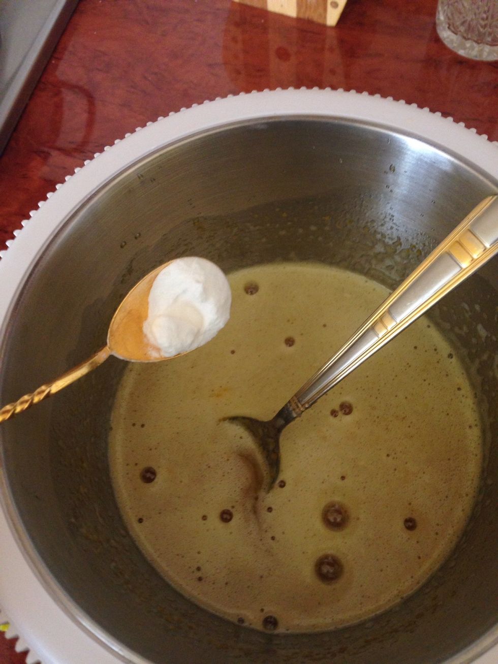 After peaks appear on top of the batter take off the heat, add baking soda