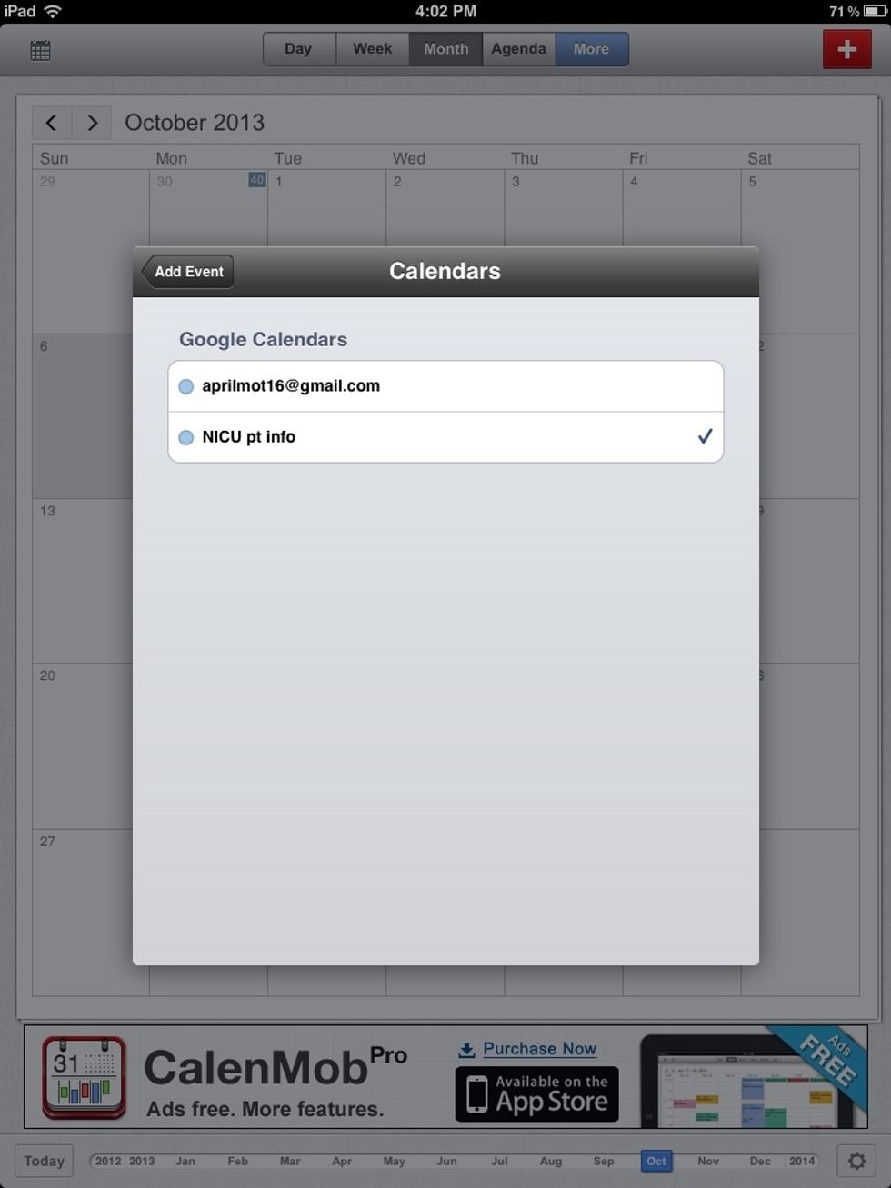 After pressing the 'Calendar' button you can choose which calendar to edit.