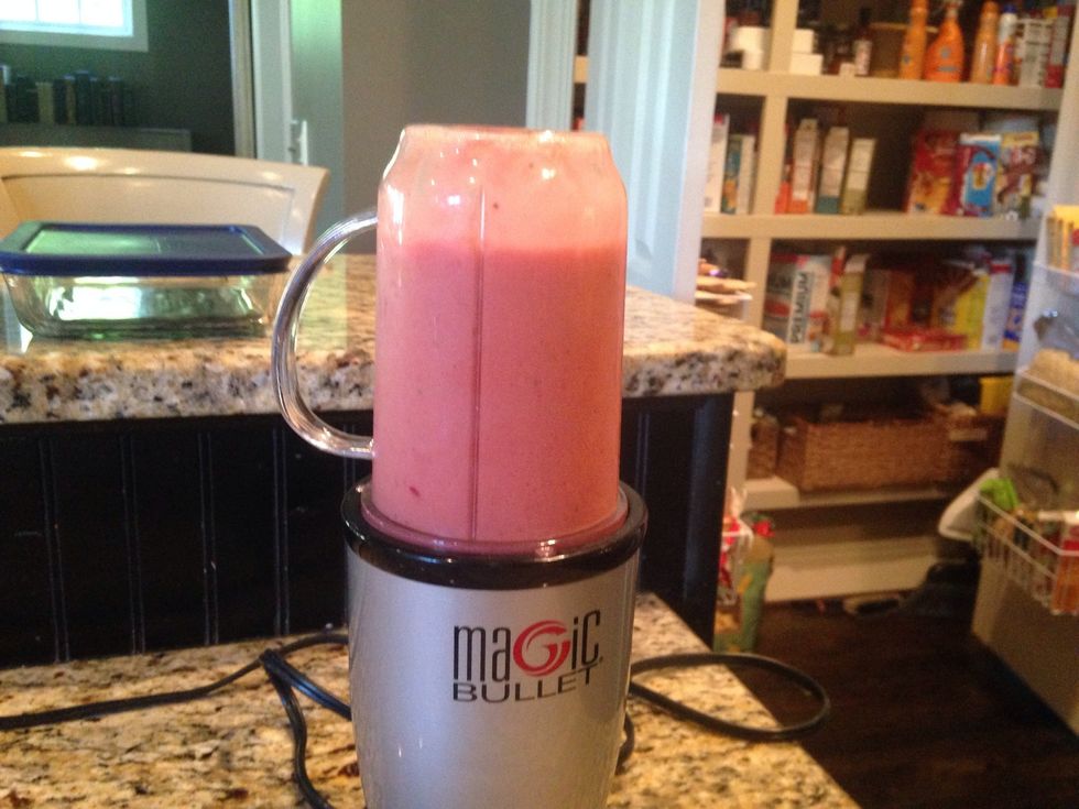 After probably 30 seconds, it will look pinkish-if you have red fruit in there (ex. Strawberries, raspberries)