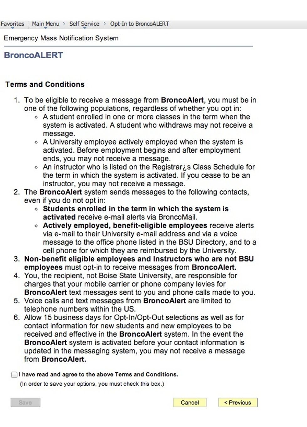 After reading the BroncoAlert terms and conditions, check the box at the bottom of the page and click "save."