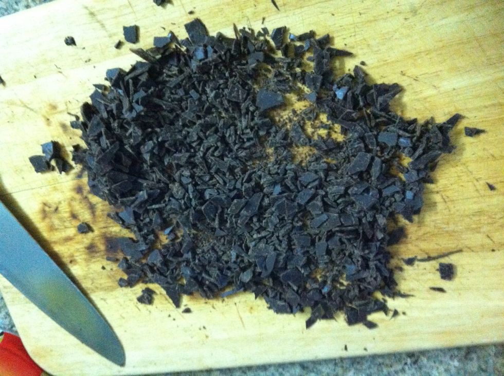 After refrigerating your sheet of chocolate for 3 hours or so, Chop up your chocolate, you could just use mini chocolate chips, but this is more authentic!