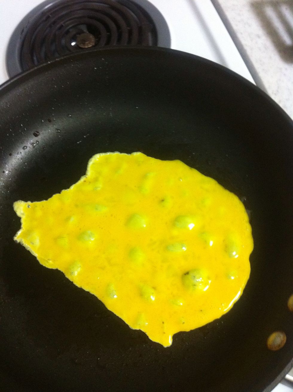 After removin the extra grease from the pan pour egg into it