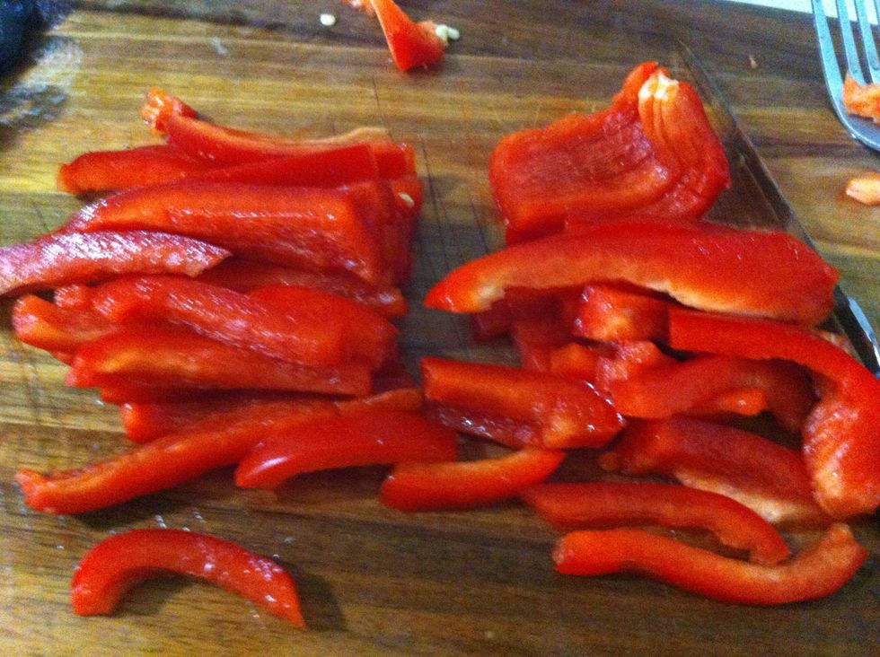 After removing interior/seeds, slice into strips then in half (go as small as you'd like)
