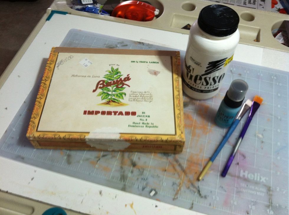 After removing loose paper from the box I had to make a new hinge with craft card stock glued to the lid and back of box. I applied Gesso on the entire box inside and out.