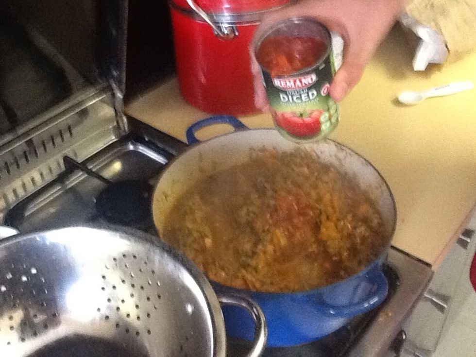 After roughly 5 mins add both cans of diced tomato
