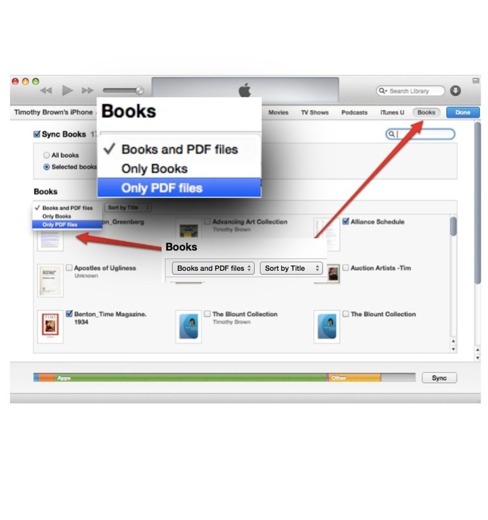AFTER SELECTING YOUR DEVICE, SELECT THE BOOKS ICON (TOP RIGHT) AND SELECT "ONLY PDF FILES" FROM THE DROP DOWN MENU ON TH\u00c9 LEFT.