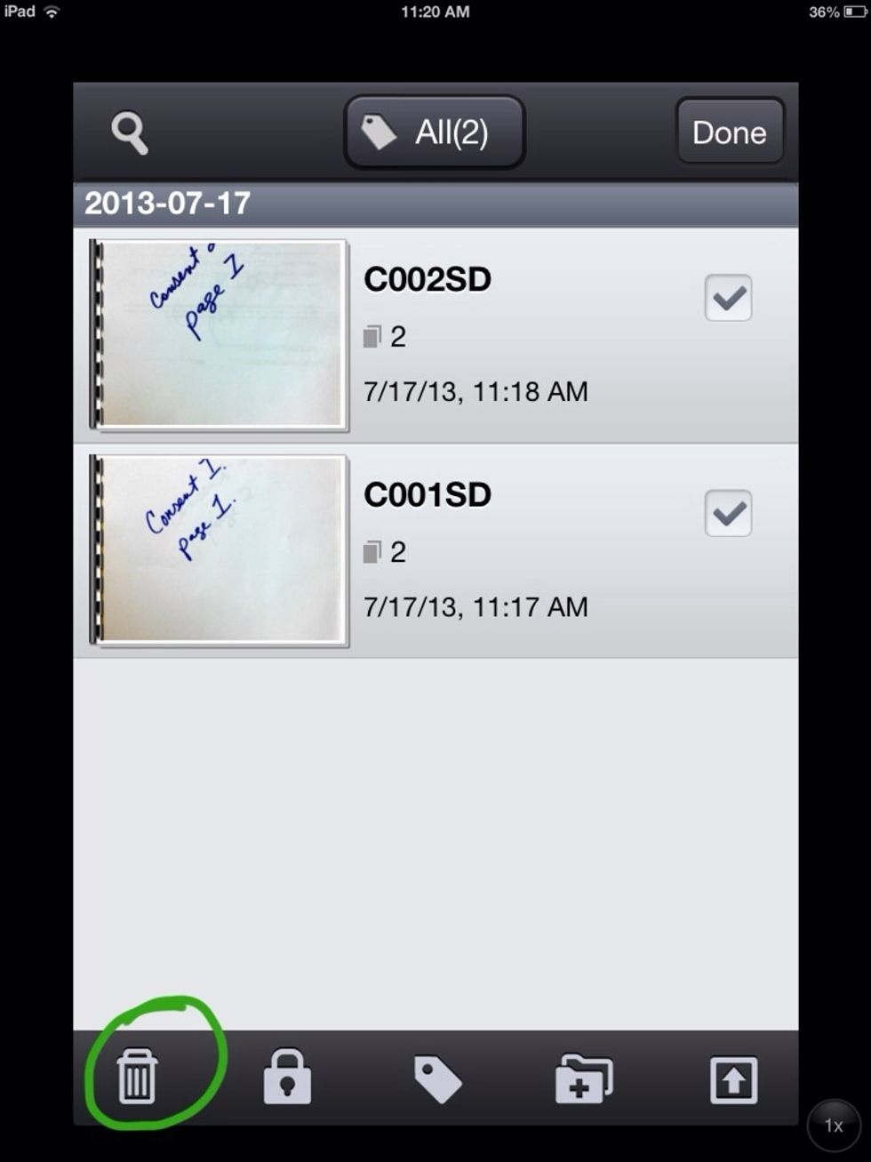 After sending your email you'll be brought back to your document list. Items emailed will already be checked, so to delete you can simply touch the Trash button. You are done!