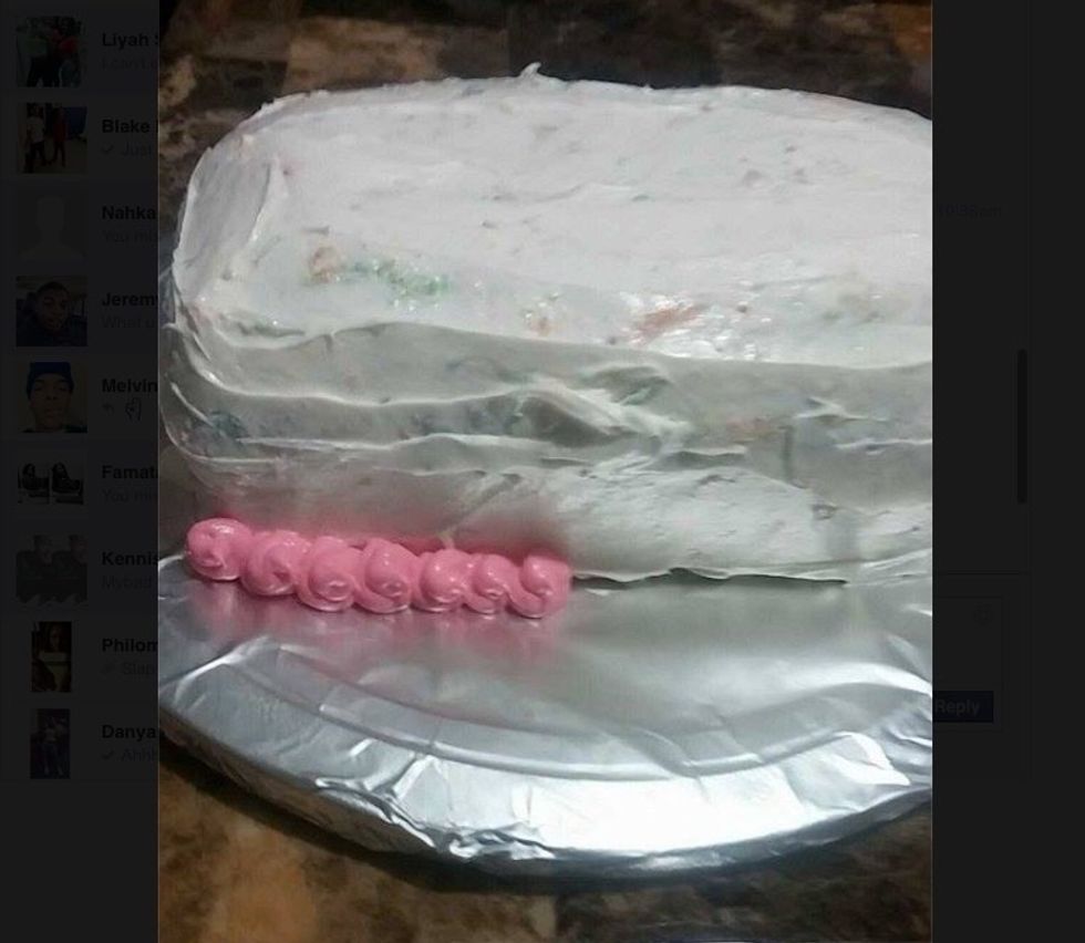 After shaping it, crumb coat it with the frosting of your choice. When done crumb coating it out it in the fridge for 30-45 minutes. After 30-45 minutes take cake out and design the way you desire.