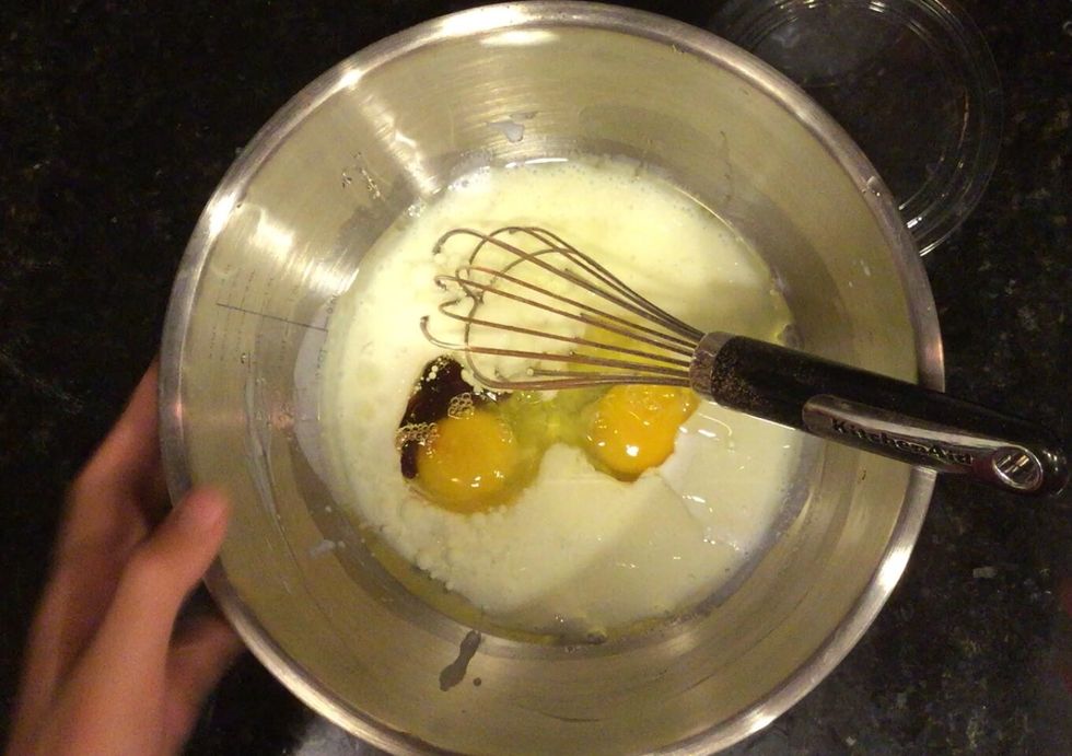 After sifting, use a whisk to combine all your wet ingredients, excluding the coffee(and sugar is considered a wet ingredient because it dissolves).