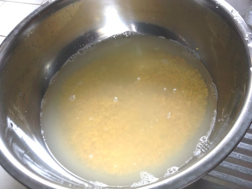 After soaking time, we can see that the mung dal has absorbed some of the water and the bean looks bigger.