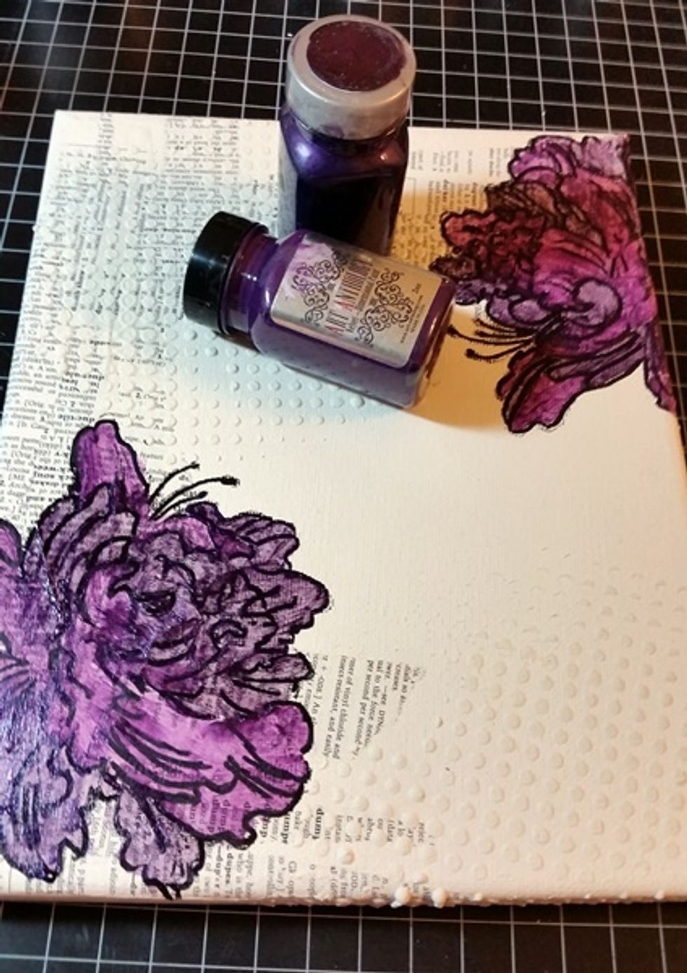 After stamping these big beautiful flowers with a waterproof ink (I used Staz On) I colored these blooms with a mix of purples. ***The last paint that I added was Imperial Sorbet to form a resit.