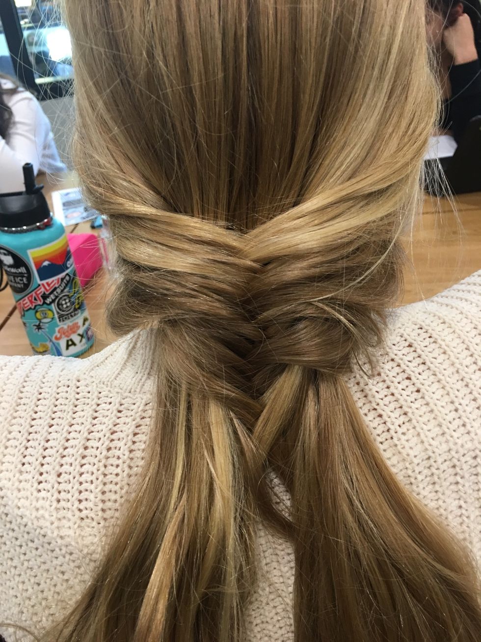 After step four is complete, continue to repeat step 3 and 4 until there is no more hair left to braid.