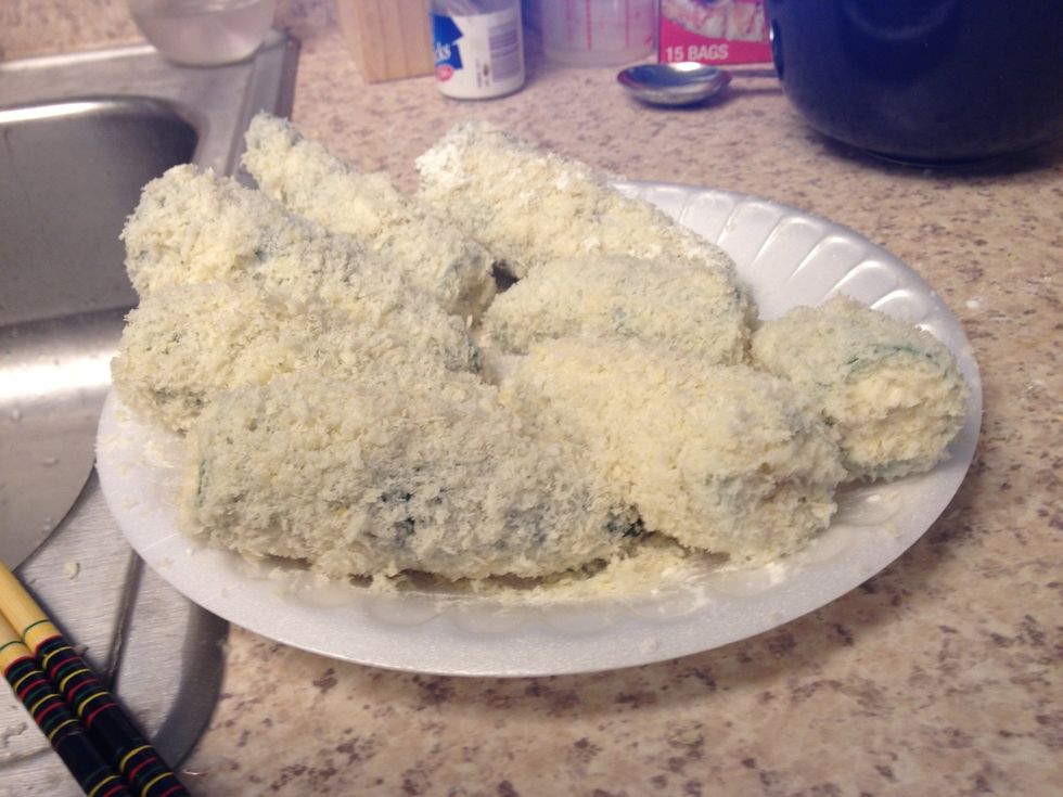 After step3, dip them into the milk again then drop into the breadcrumb. Repeat this as step3 to make sure breadcrumb covered entire jalape\u00f1o.
