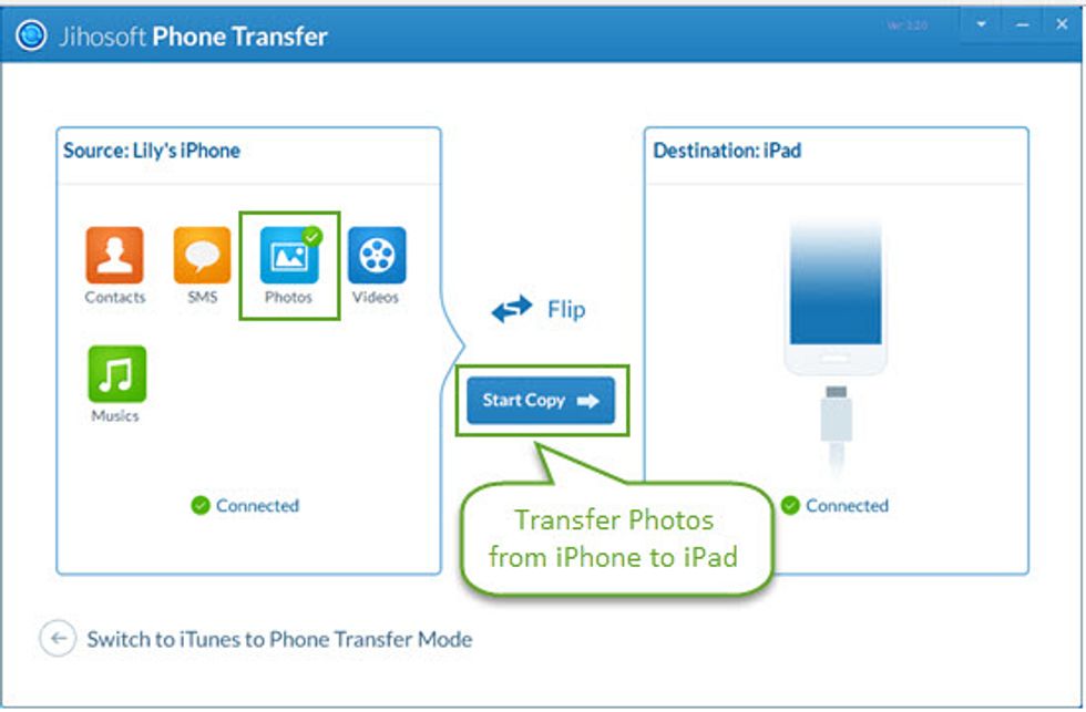 After successful connection, all the data types of old iPhone will be displayed, select "Photos" from the data types and click "Start Copy" to begin the transferring process.