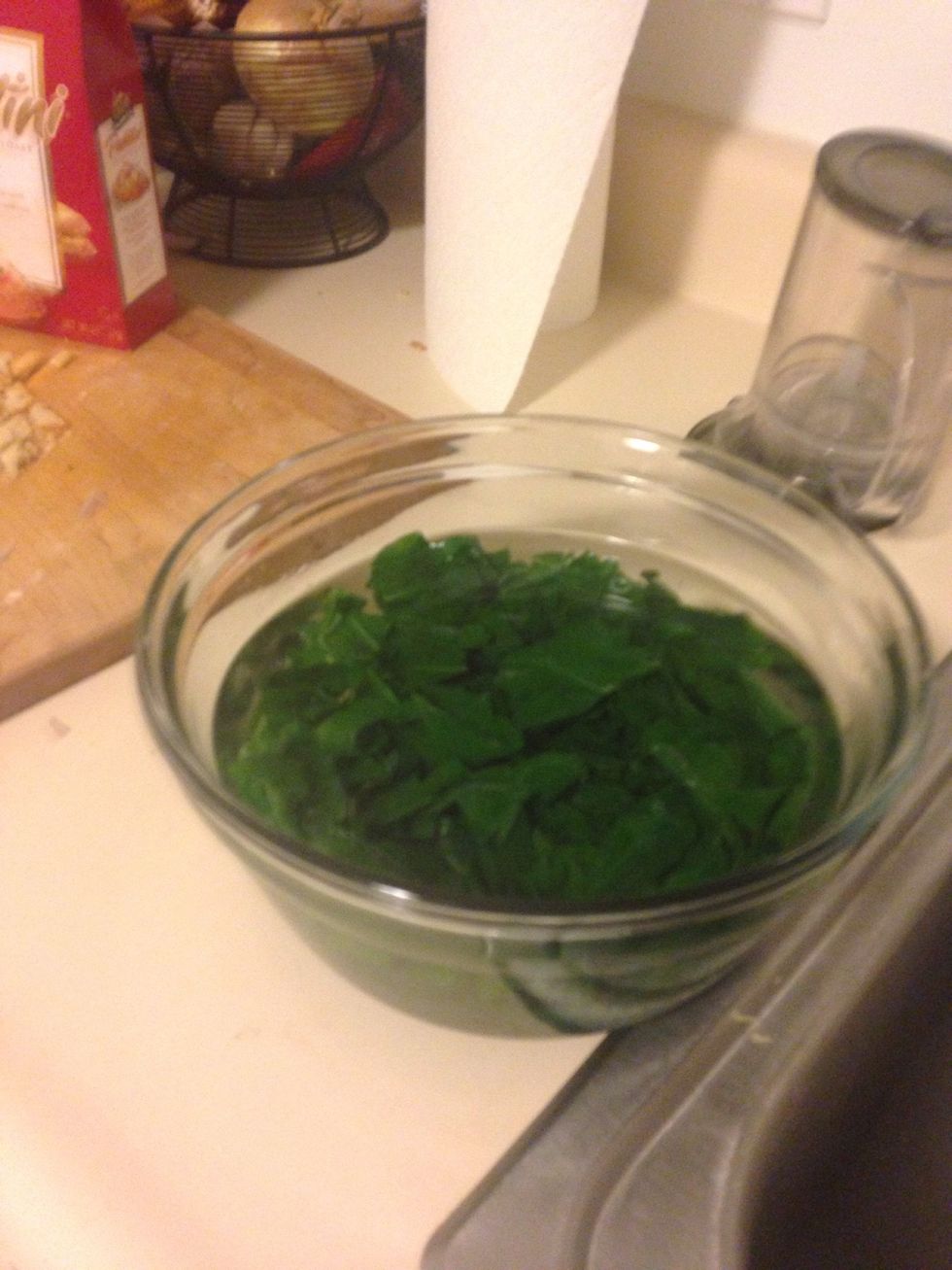 After Swiss chard is cooked, put in a ice water bath to stop cooking. Place in paper towels and pay out excess water.
