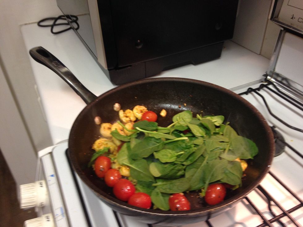 After that add the spinach to reduce down to small leaves