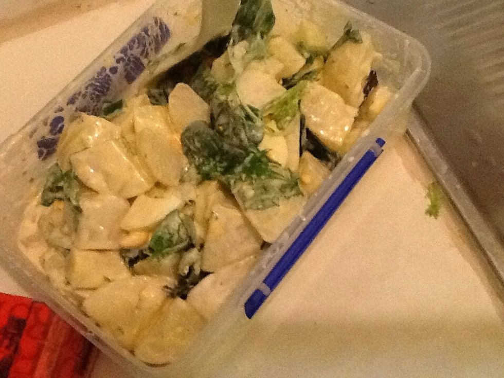 After that, combine the potato and egg with the leaves, stirring it up slowly and carefully... ONCE DONE enjoy meal ( can be served hot,warm or cold )