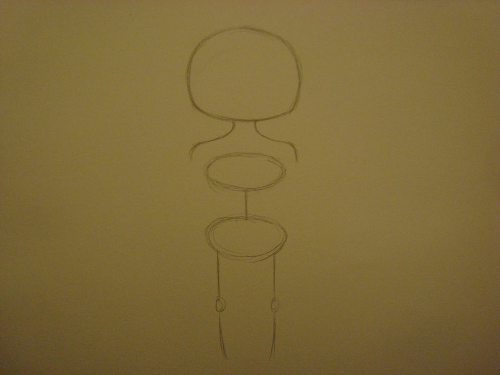 After that, draw two lines on the bottom circle that's about a third of an inch/one and a half centimeters. Then you draw a small circle for the where the knee goes, and draw another two lines.