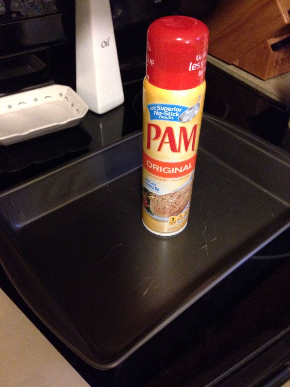 After that get the 9x13 pan that the cake is going to be baked in and lightly spray with non stick spray.