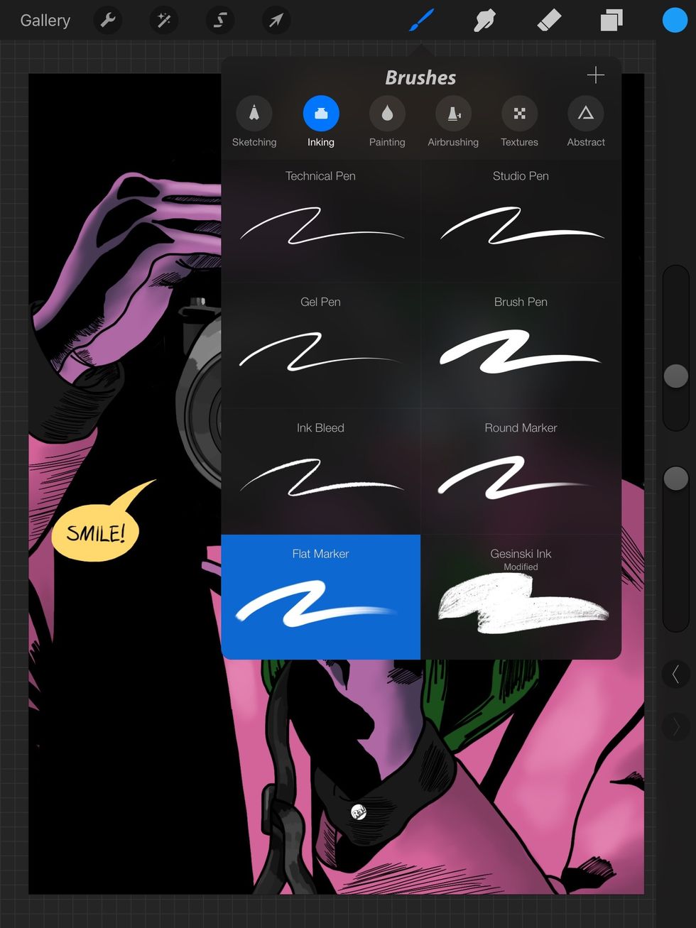 After that I freehand the word balloon with the "flat marker." Now, there are other apps like "Comic Book" that let you do fonts. Procreate does not yet have a text tool.