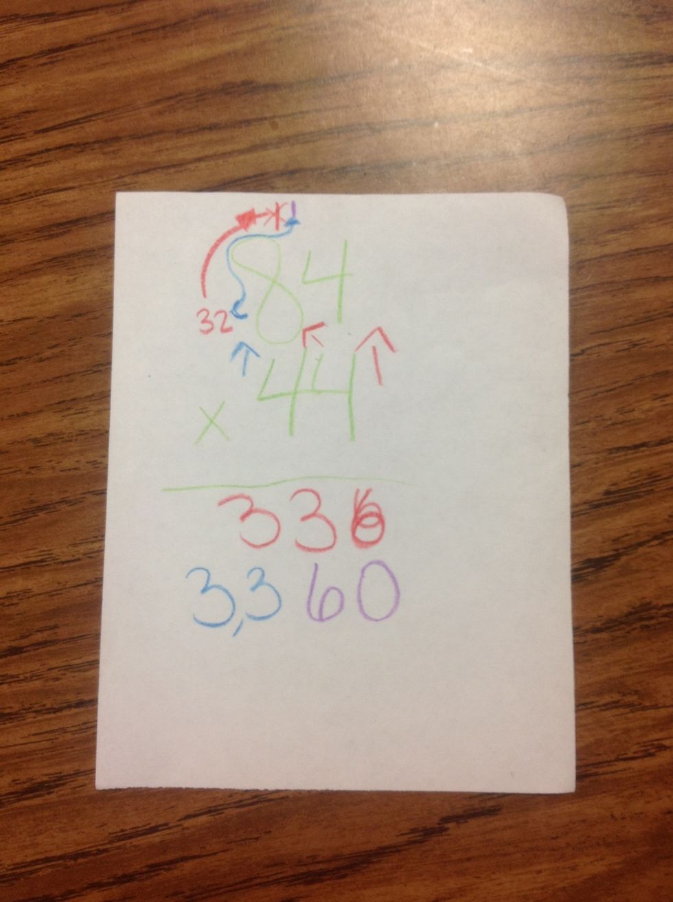 After that you multiply the both numbers in the tens place which is 4x8=32 but you add the number on top of the 8 which would be a1so it will equal 33 next you put 33 by the 60 so the sum will be 3360
