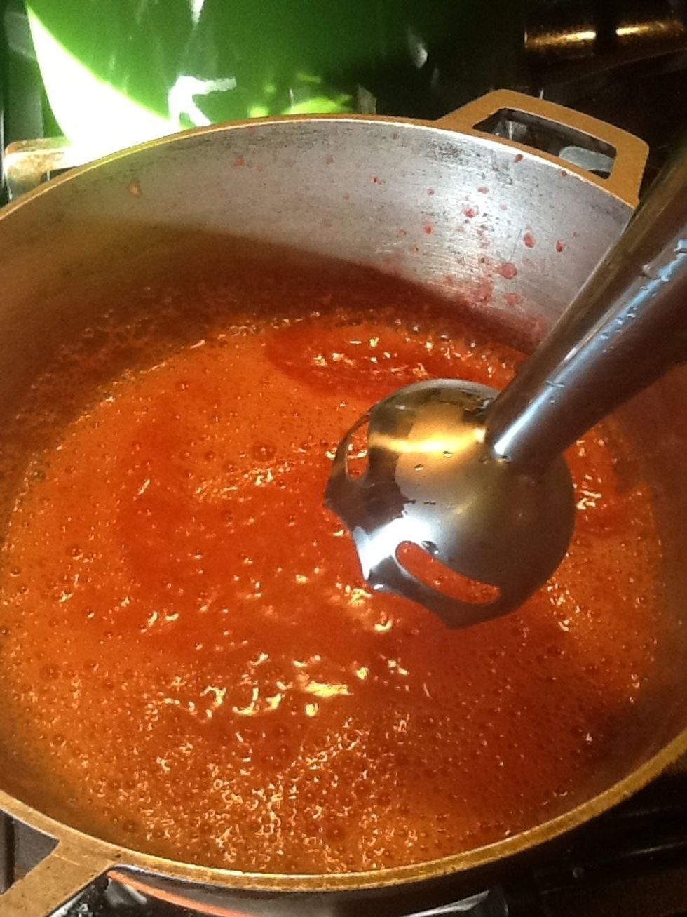After the 2 min.i turn off the stove and use my immersion blender to pur\u00e9e the strawberries.