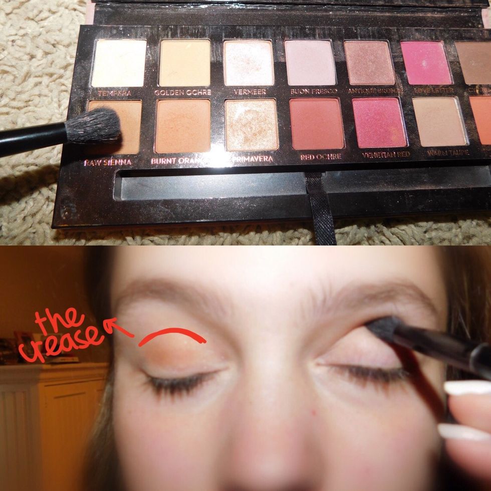 After the base, pick a color that you would like to be the main focus, (usually a warm tone). After picking the color, take your blending brush and put the color in the crease of your eyelid.