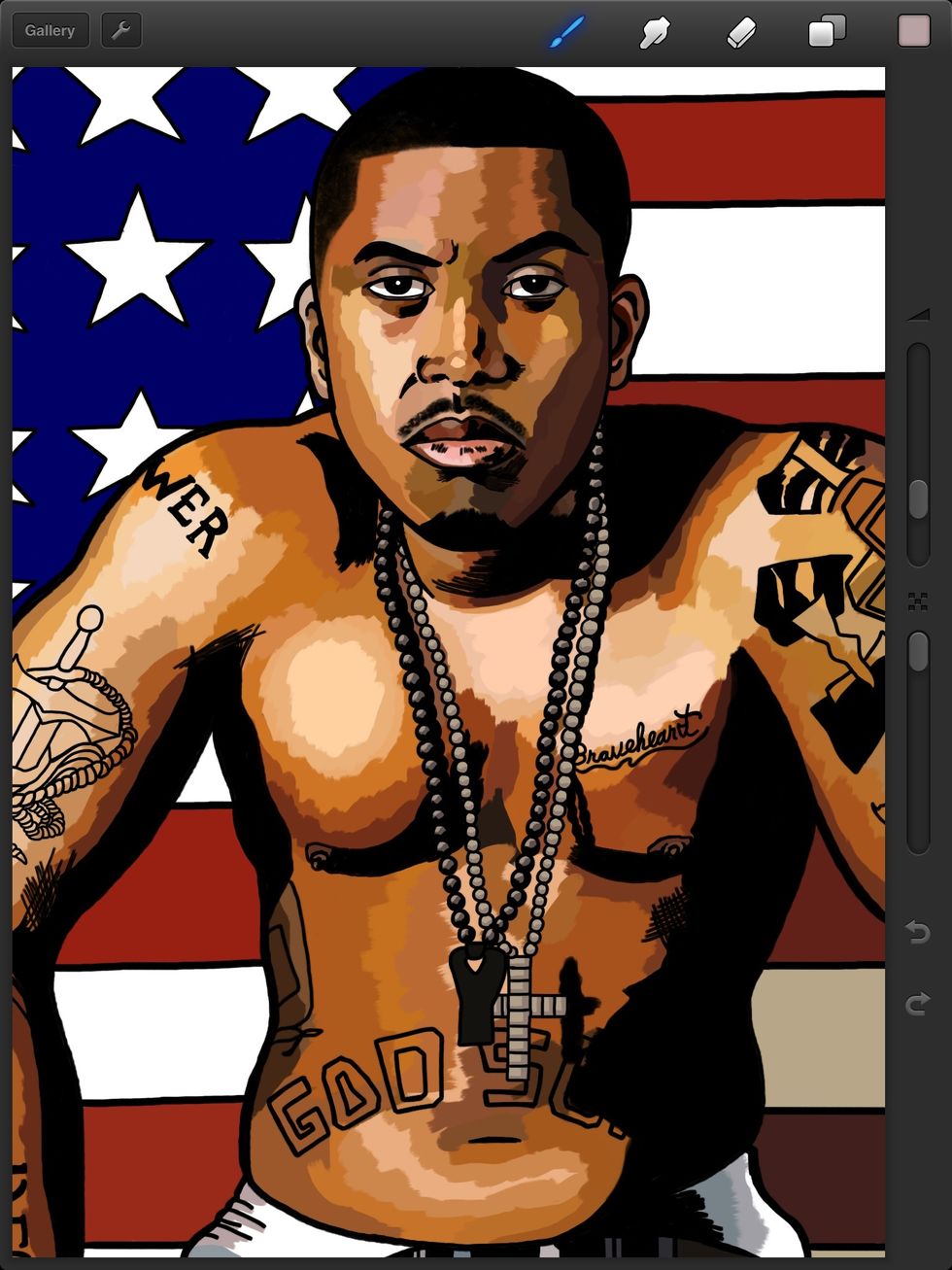 After the basics are down I create another layer. This is for the render. I use the flat brush tool to quickly lay down light and shadow. It's important to pay attention to what's in the photo.