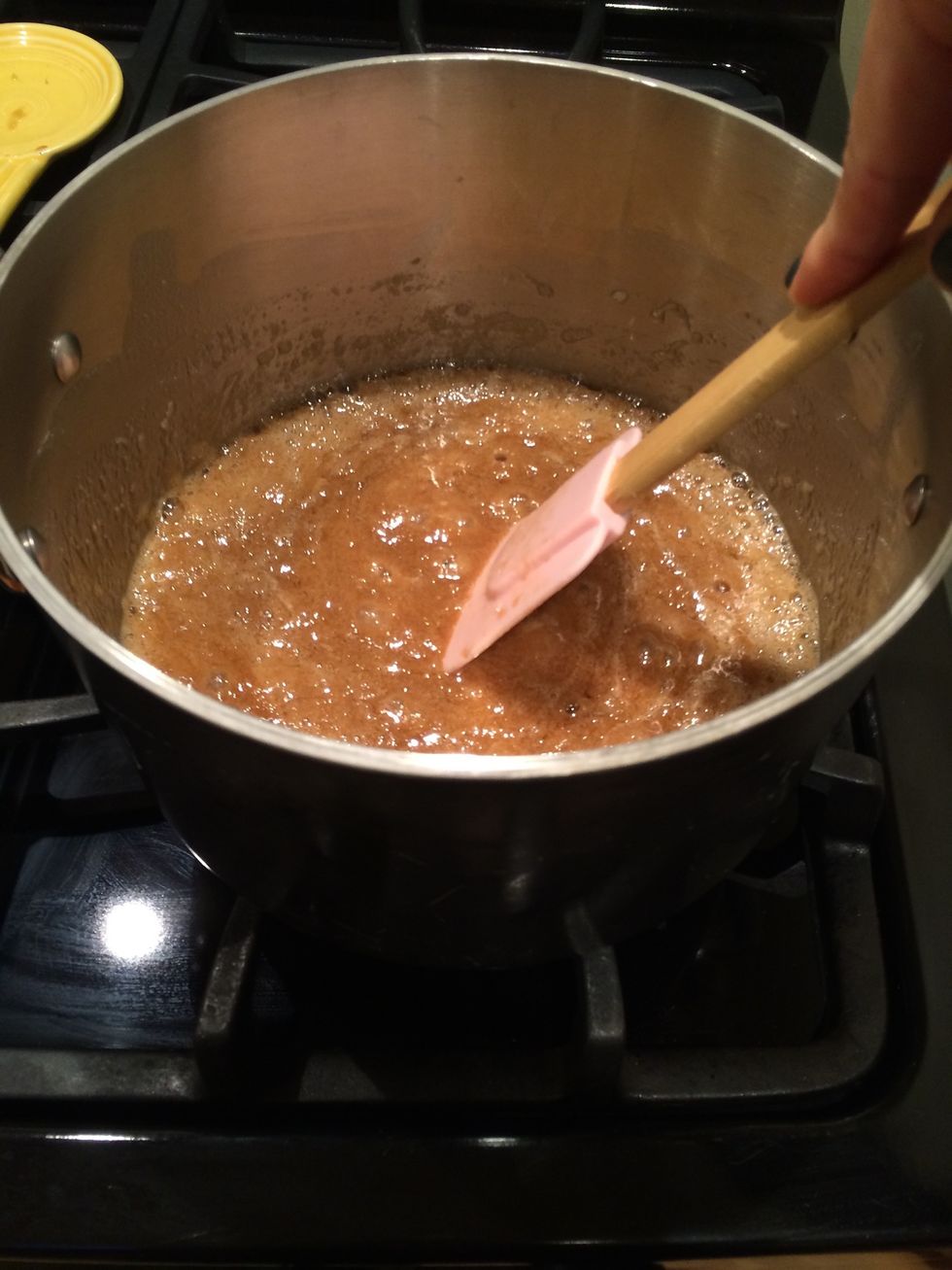 After the butter and brow sugar mixture has been heating for a couple minutes. it will come to a boil. Boil for 3 minutes, stirring constantly.