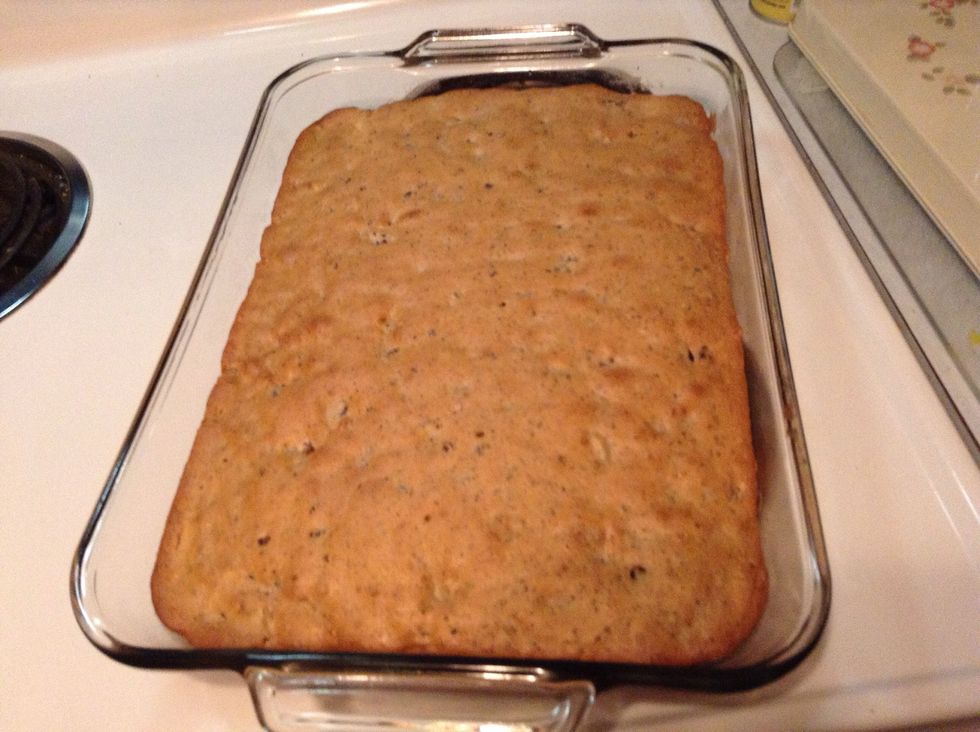 After the cake is done baking, leave it sit till cool then you can start putting the frosting on.