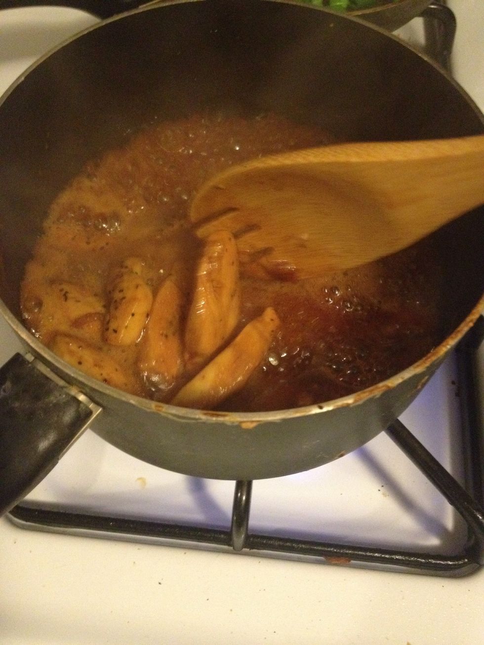 After the chicken turned brown, slowly add the sauce and constantly coated for both side of meat.