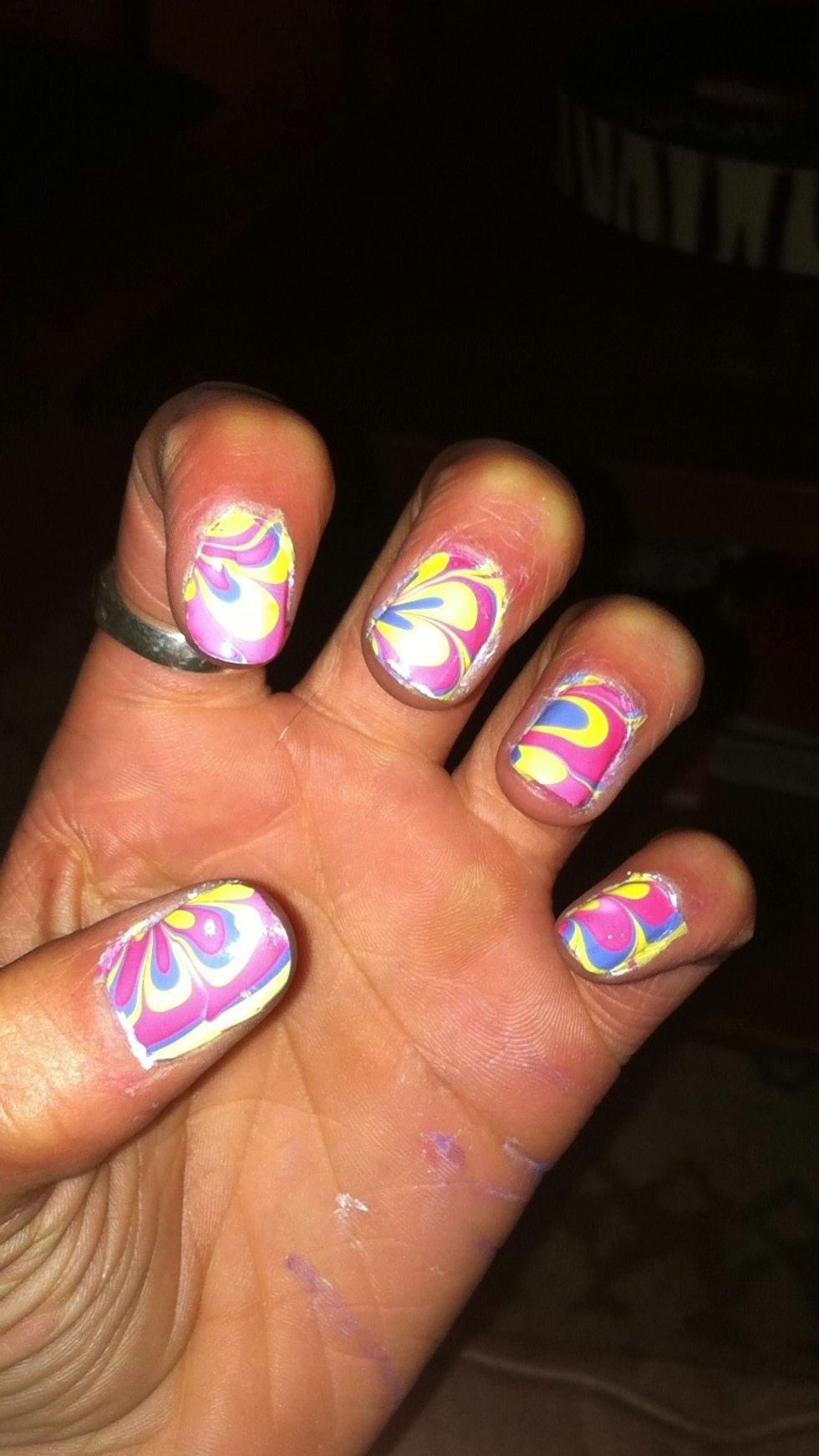 After the clean up, Taaaaaa daaaaaa! You now have WATER MARBLED NAILS! Enjoy! ;) \ud83d\udc85\ud83d\udc85\ud83d\udc85\ud83d\udc85\ud83d\udc85