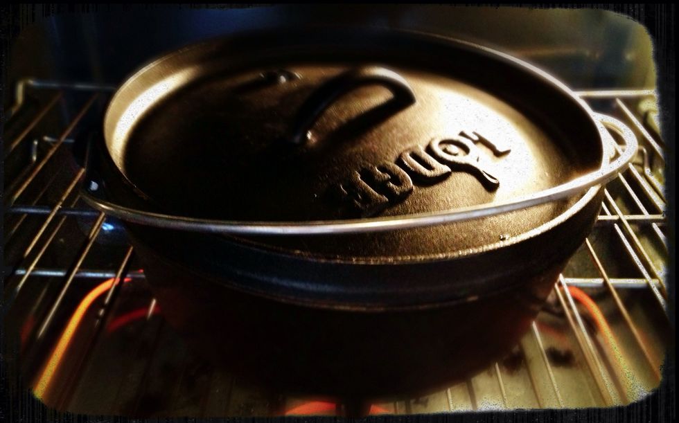 After the dough has risen for 8-10 hours, heat up your oven to 450 degrees F.   Put your Dutch oven in the heated oven for about 15 min.