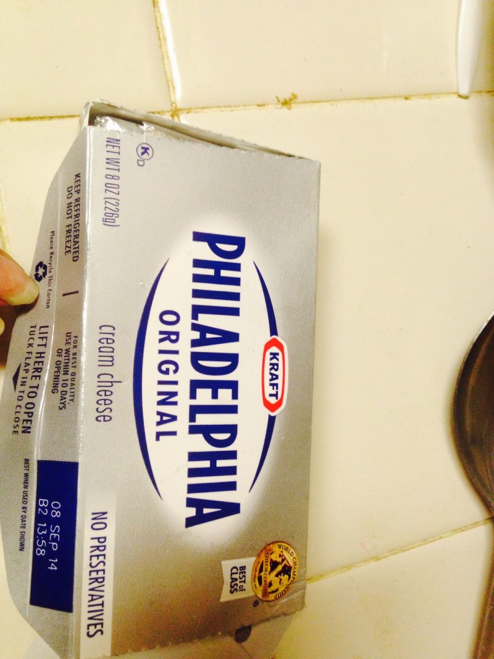 After the eggs are fully blended place the cream cheese in the blender but blend at the same time with the sweetened milk