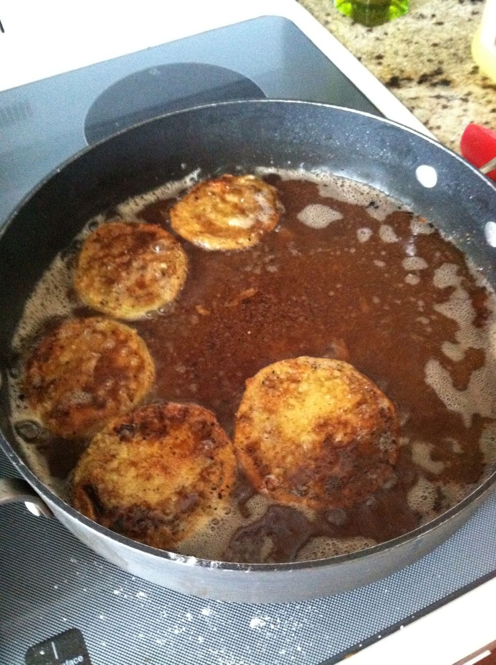 After the first batch your oil will look like this. If your oil starts to smoke turn it down a little. Fry the tomatoes till crispy then flip to crisp the other side.