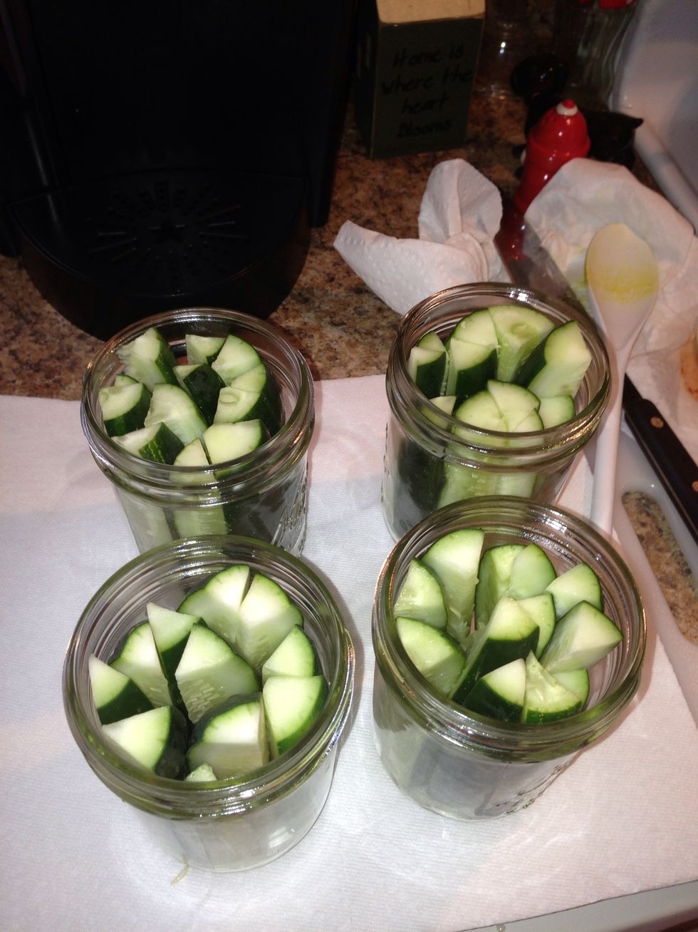 After the jars boil take them out using a jar grabber. Be careful, they are HOT! Start stuffing the jars full of cucumbers, you want them packed but don't overstuff it.