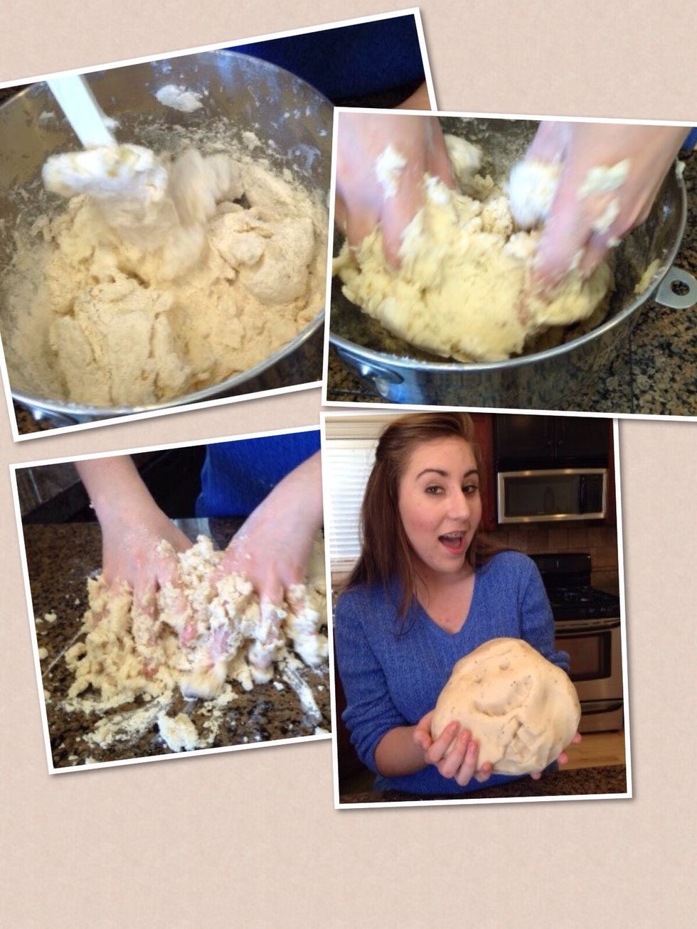 After the lard/sugar/anise/egg mix is thoroughly combined, carefully add the flour (powder) mixture to the lard dough.