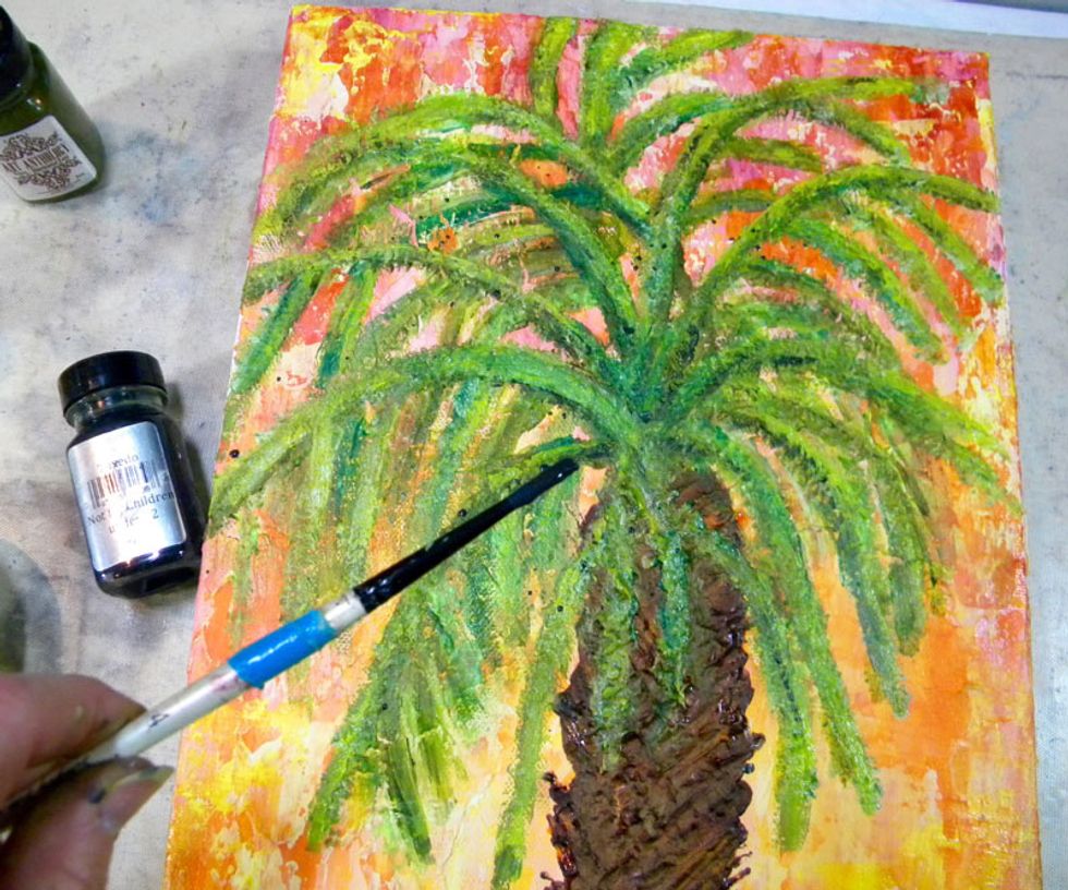 After the leaves were finished I mixed Tuxedo and Kona Velvets together with a bit of water and splattered it around the tree. I often do this as a finishing touch to add texture and interest.