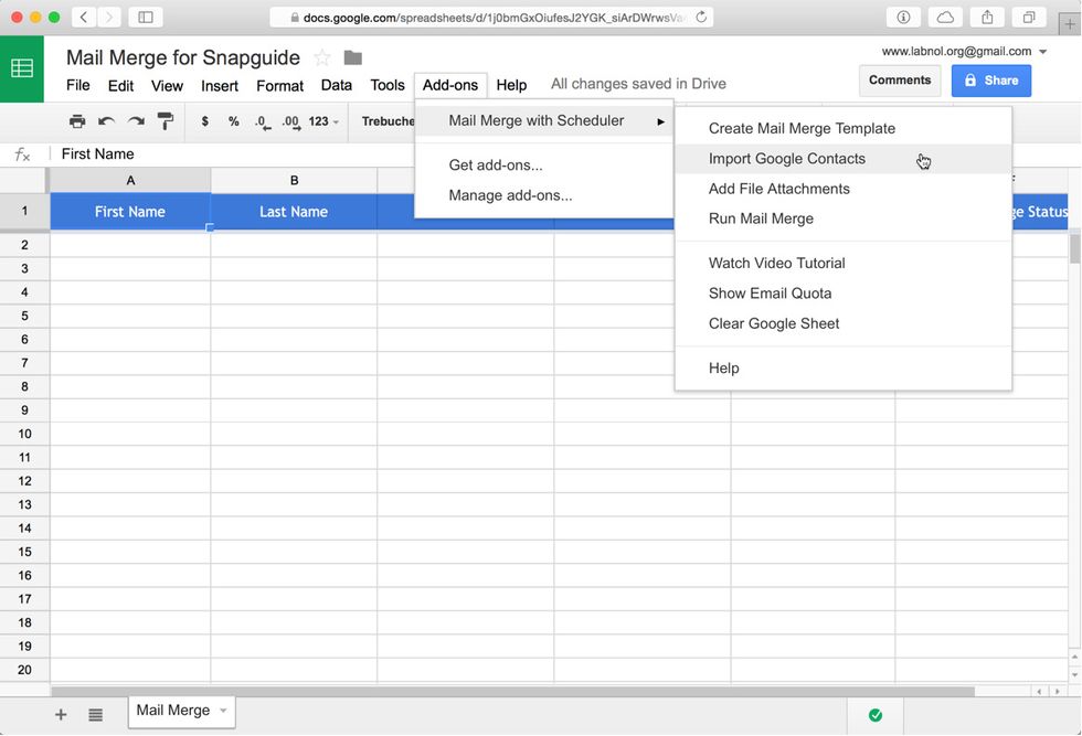 After the Mail Merge template is created, go to the Mail Merge menu again and choose Import Google Contacts.