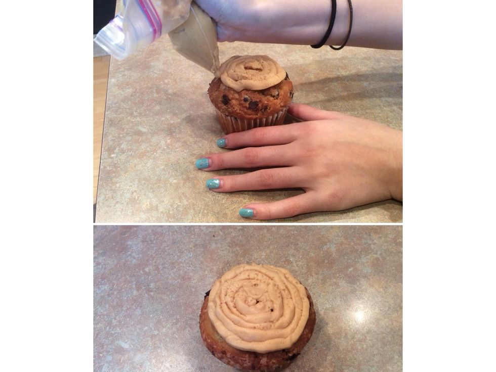 After the muffins cool, gently squeeze the frosting bag on the muffins as you go in a circular motion