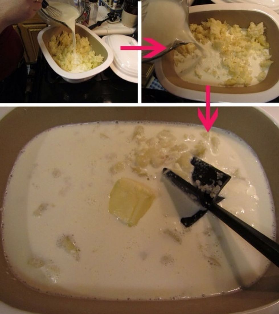 After the potatoes are mashed, pour in the milk/cream cheese mixture and add the butter. Microwave, covered, on HIGH for 3-5 minutes, or until mixture is hot.