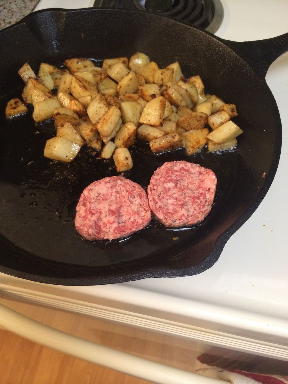 After the potatoes are pretty much cooked I like to just add the sausage to the same pan