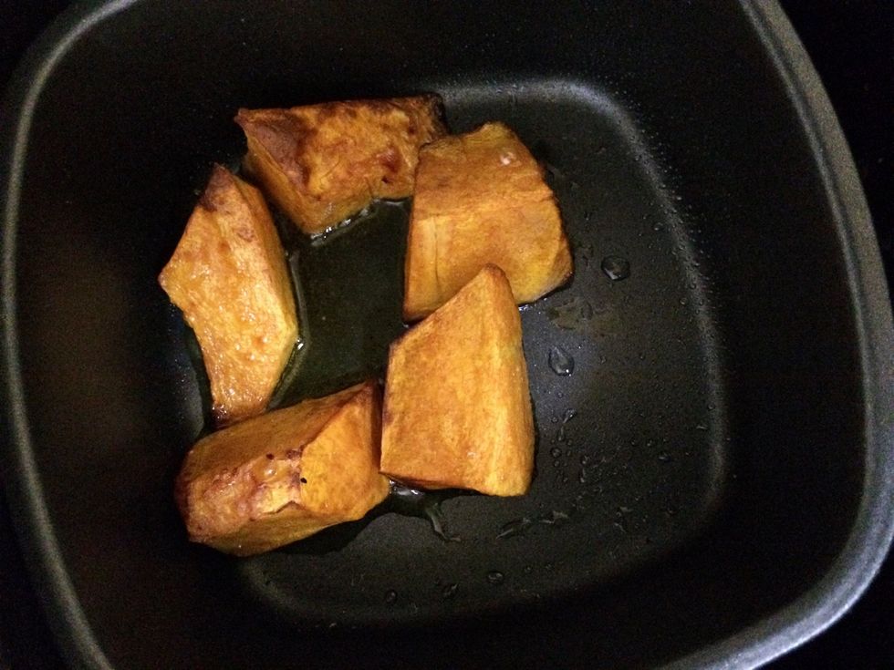 After the pumpkins are roasted, put the pumpkins on the pan