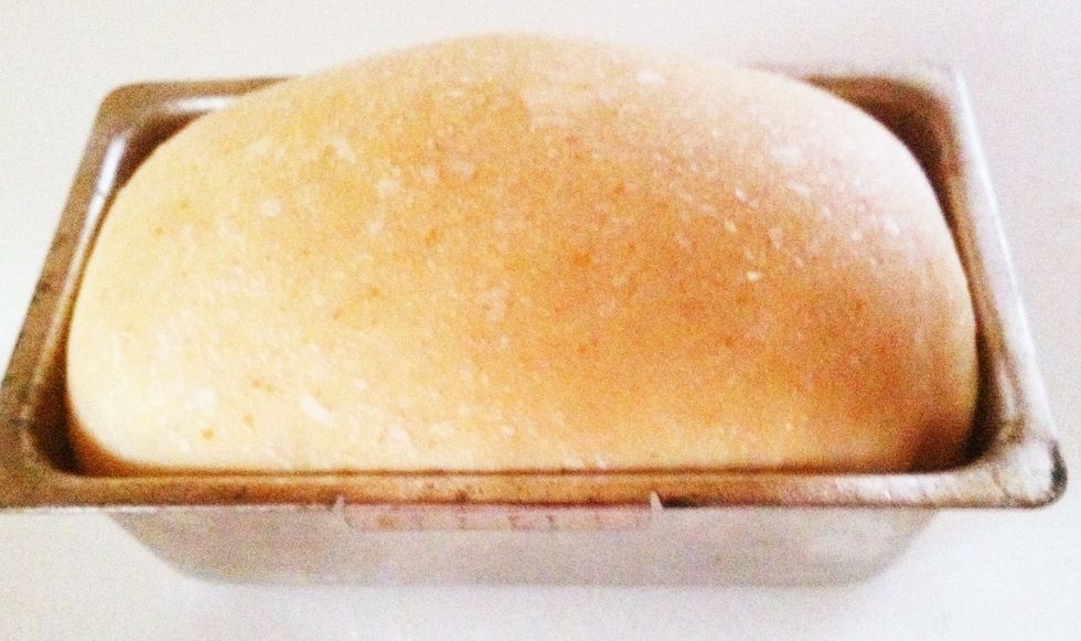 After the second rising/proofing, bake in a pre-heated oven at 375 degrees for 45 minutes. By this time the loaf should be brown and smelling great.